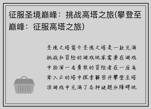 征服圣境巅峰：挑战高塔之旅(攀登至巅峰：征服高塔之旅)
